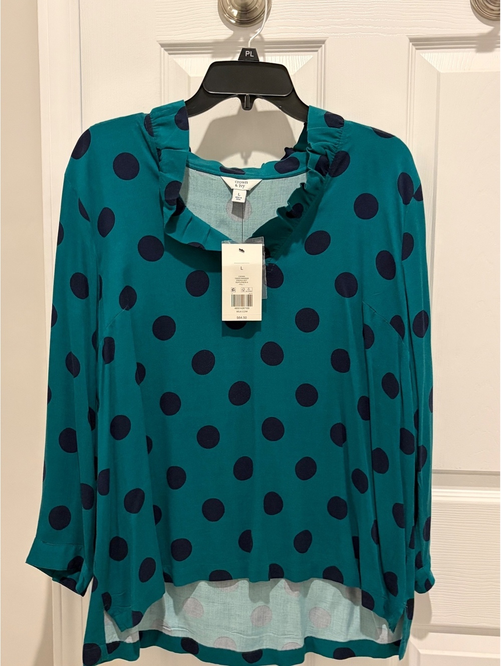 Crown & Ivy NWT Kelly green & blue polka dot long sleeve top - L